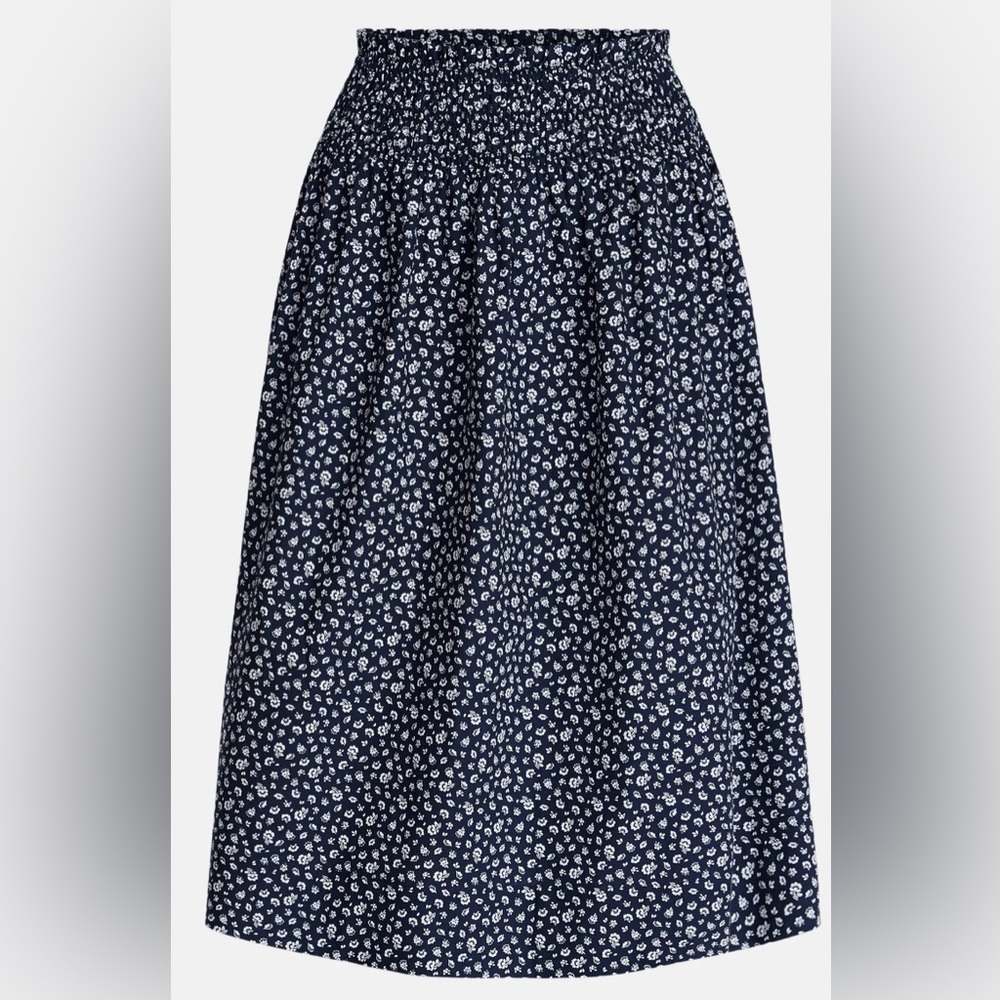 NWT Time and Tru XL‎ 16-18 Navy Floral Smocked Waist Cotton Midi Skirt A-Line